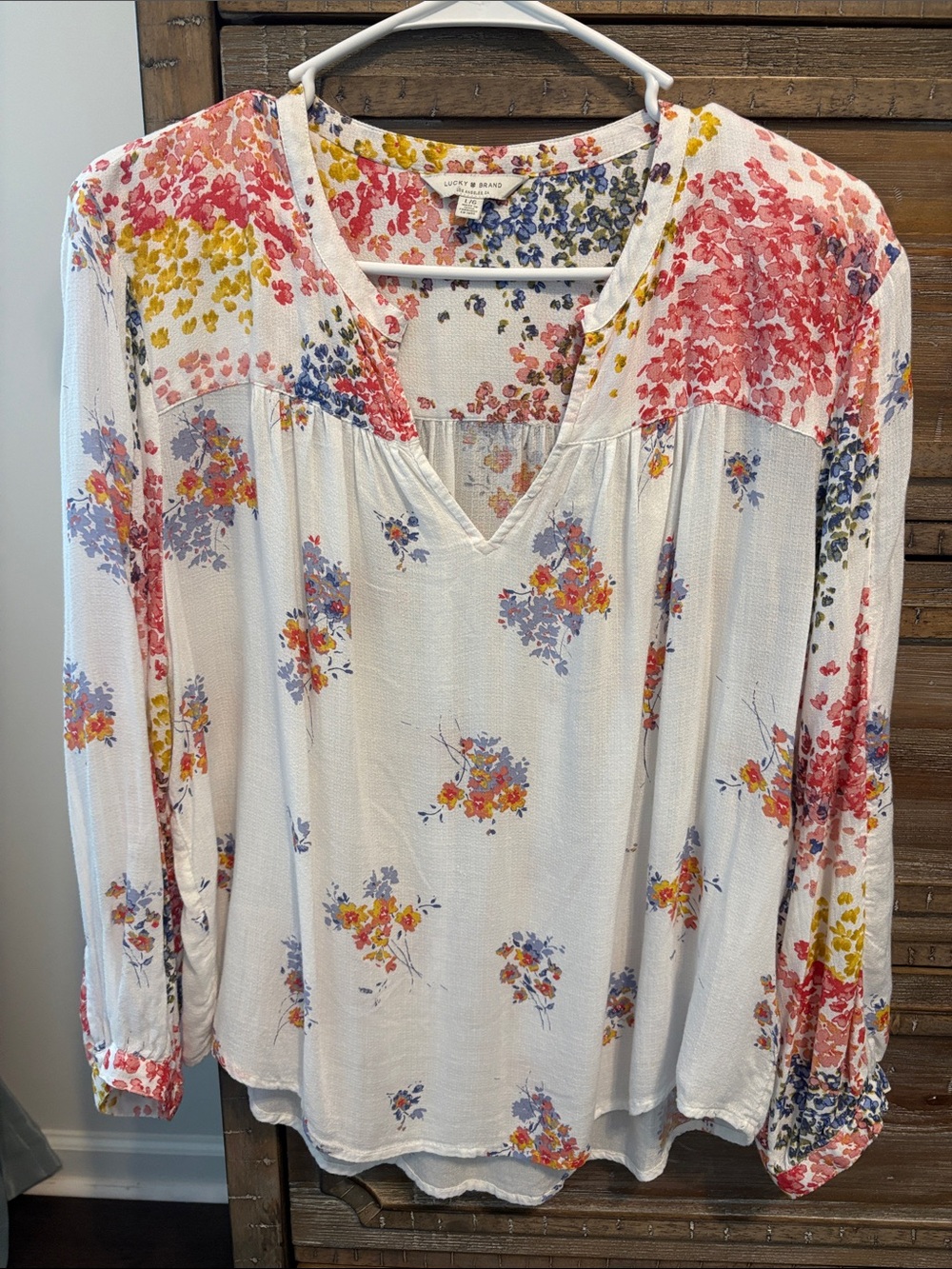 Lucky Brand White Floral V-Neck Boho Blouse